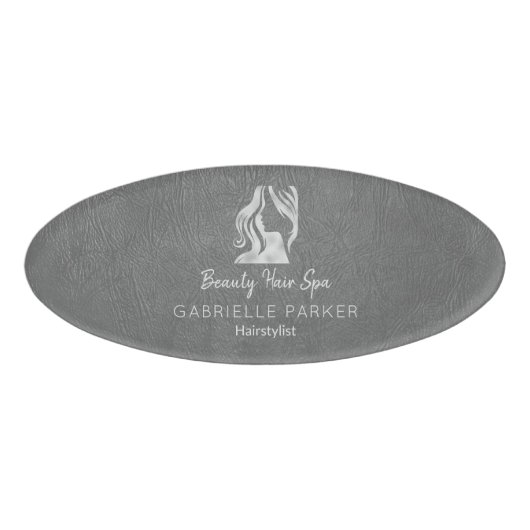 Luxus-Haarstylist Graues Leder Look Silver Logo Namenschild (Vorderseite)