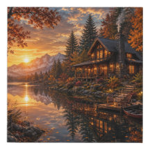 🍂 Luxus-Herbst-See-Hütte-Wandkunst | Gemütliche B