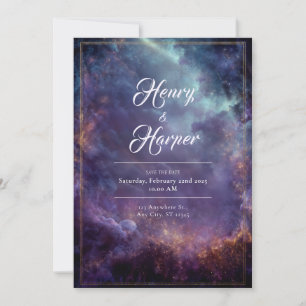 Luxus Himmelskörper Nebel Lila Gold Rahmen Hochzei Einladung