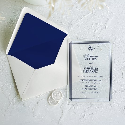 Luxus-Hochzeit in Blau mit Monogramm Acryleinladungen