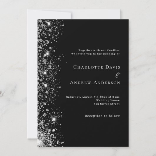 Luxus-Hochzeit in Schwarz-Weiß-Glitzer Einladung (Vorderseite)