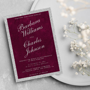 Luxus-Hochzeit in Watercolor burgundy silber Glitz Einladung