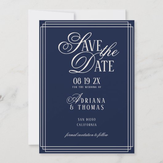 Luxus-Hochzeit mit blauer Kalligrafie Save The Date (Vorderseite)
