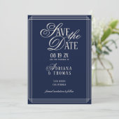 Luxus-Hochzeit mit blauer Kalligrafie Save The Date (Stehend Vorderseite)