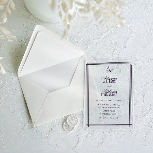 Luxus-Hochzeit mit lila Monogramm Acryleinladungen