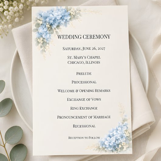 Luxus-Hochzeit mit staubblauen Hortensien Programm