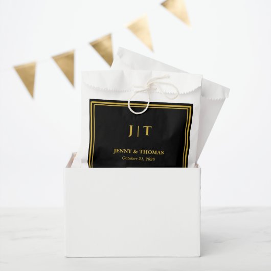 Luxus-Hochzeitsgunstbeutel Schwarz & Gold Monogram Geschenktütchen (Party)