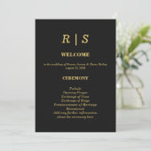 Luxus-Hochzeitsprogrammkarte in Schwarz und Gold Programm (Stehend Vorderseite)