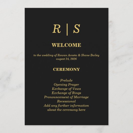 Luxus-Hochzeitsprogrammkarte in Schwarz und Gold Programm (Vorderseite)