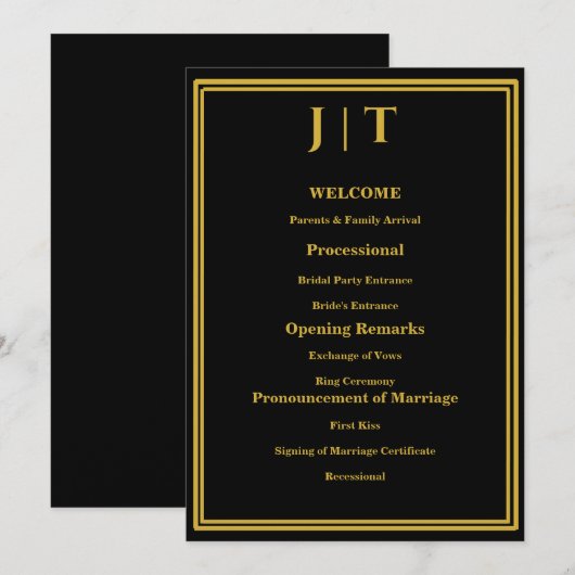 Luxus-Hochzeitsprogrammkarte Schwarz & Gold mit Mo Programm (Vorne/Hinten)