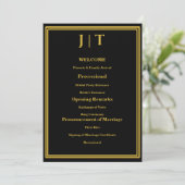 Luxus-Hochzeitsprogrammkarte Schwarz & Gold mit Mo Programm (Stehend Vorderseite)