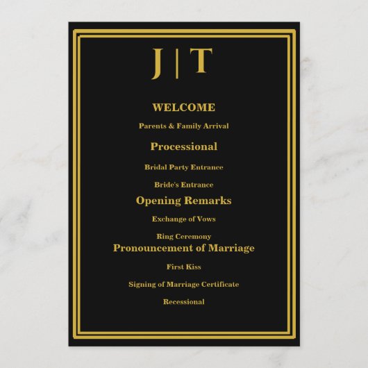 Luxus-Hochzeitsprogrammkarte Schwarz & Gold mit Mo Programm (Vorderseite)