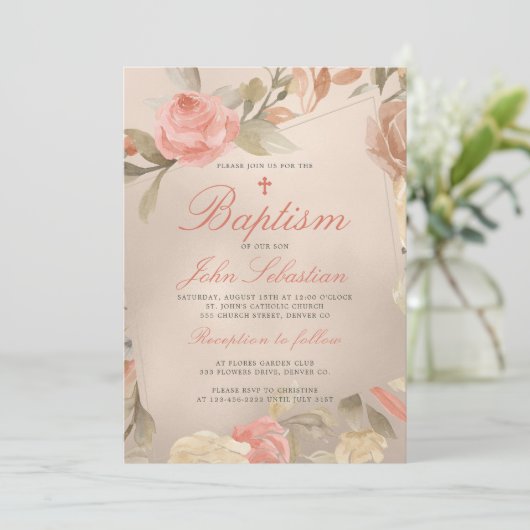 Luxus-Imitate Gold Foil Peach Cream Floral Taufe Einladung (Stehend Vorderseite)