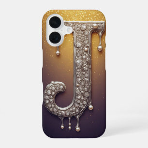 Luxus-Initiale J Monogramm in Diamant, Perlen Gold iPhone 16 Hülle