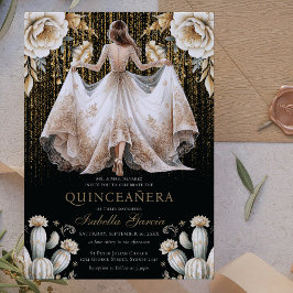 Luxus Ivory Black Gold Quinceñera Einladung
