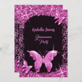 Luxus klassischer Glitzer schwarz rosa Butterfly e Einladung (Vorne/Hinten)