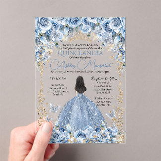 Luxus-Kleid Babyblau Gold Prinzessin Quinceanera Acryleinladungen
