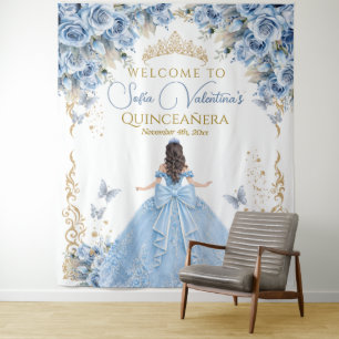 Luxus-Kleid Babyblau Gold Quinceanera Willkommen Wandteppich