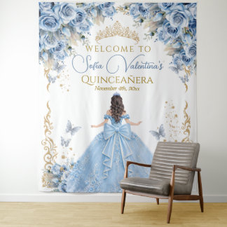 Luxus-Kleid Babyblau Gold Quinceanera Willkommen Wandteppich