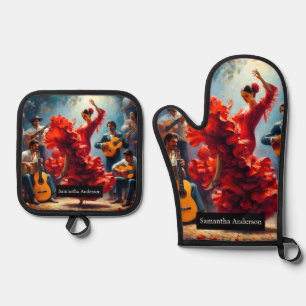 Luxus Latina Küche: Flamenco Tänzer Ofenhandschuh & Topflappen-Set