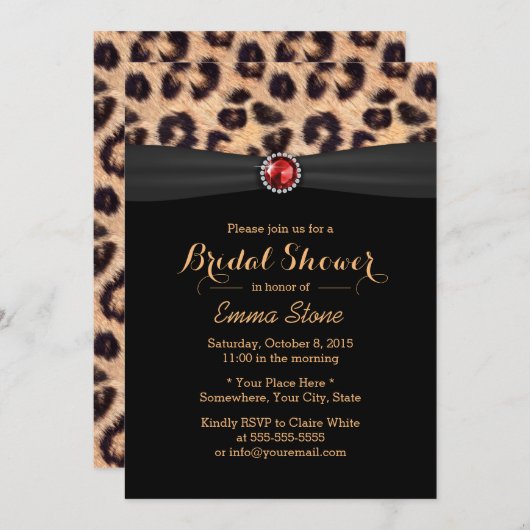 Luxus Leopard Print & Ruby Gemstone Brautparty Einladung (Vorne/Hinten)