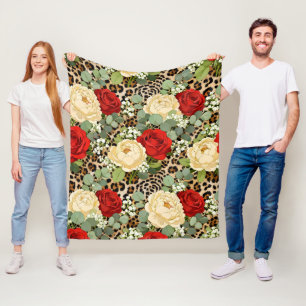 Luxus-Leopard- und rote Rosen-Muster Fleecedecke