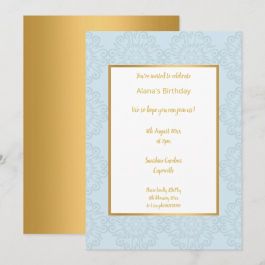 LUXUS LICHT BLAUE GOLD ABSTRAKTER GEBURTSTAG EINLADUNG (Vorne/Hinten)