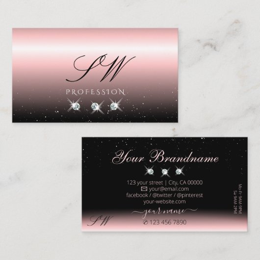 Luxus Light Pink Black Sparkle Diamonds Initialen Visitenkarte (Vorne/Hinten)