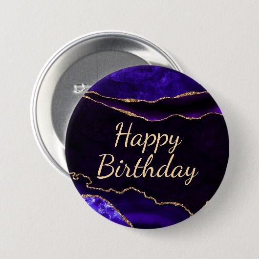 Luxus Lila Gold Glitzer Agate Happy Birthday Button (Vorne & Hinten)