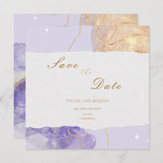 Luxus Lila & Golden Save the Date Abstrakt Einladung (Vorne/Hinten)