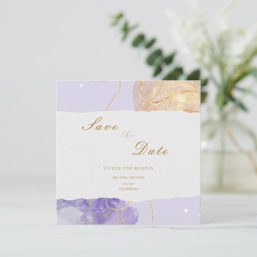 Luxus Lila & Golden Save the Date Abstrakt Einladung (Stehend Vorderseite)
