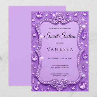 Luxus-Lila-Rheinsteine Glitter Sweet 16 Einladung