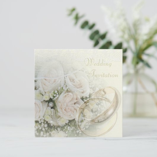 Luxus-Linen Hochzeitsbänder, Rose, Doves & Lace Einladung (Stehend Vorderseite)