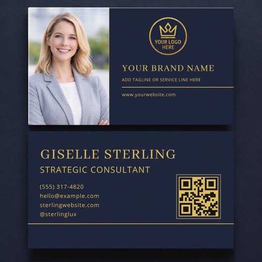 Luxus-Logo Blau Gold Foto QR-Code Visitenkarte