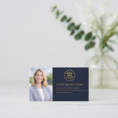 Luxus-Logo Blau Gold Foto QR-Code Visitenkarte (Stehend Vorderseite)