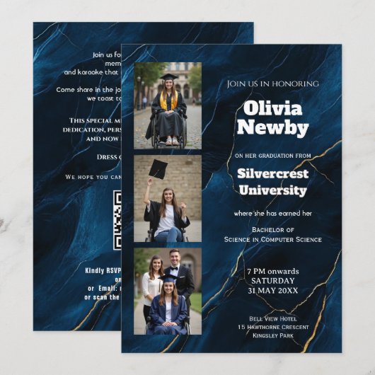 🎓Luxus-Marmor-Abschlussfeier der Navy mit QR-Code Einladung (Vorne/Hinten)
