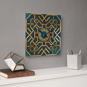 Luxus-Marmor Art Deco Blau Gold Griechischer Schlü Quadratische Wanduhr