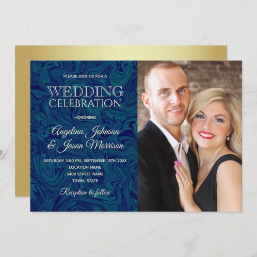 Luxus Marmor Gold Navy Blue Foto Hochzeit Einladun Einladung (Vorne/Hinten)