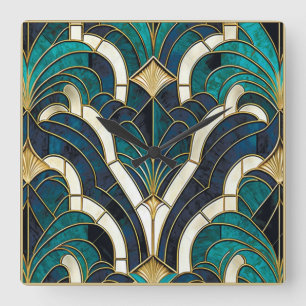 Luxus-Marmor-Mosaik Art Deco Blau Gold & Türkis Quadratische Wanduhr