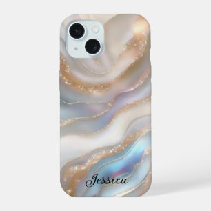 Luxus-Marmor-Perlmutt-Goldadern-Monogramm  iPhone 15 Hülle