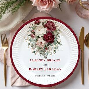 Luxus-Marsala-Blumen-Grünzeug-Hochzeitsplatten Pappteller