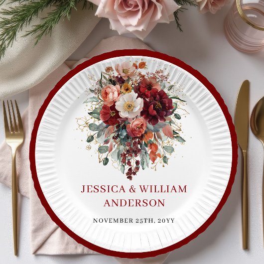 Luxus-Marsala-Herbst-Blumen-Hochzeitspapierteller Pappteller