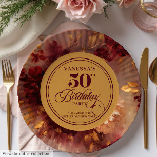 Luxus Marsala Roségold Floral 50. Geburtstag Pappteller