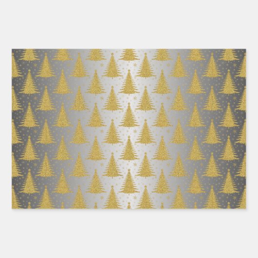 Luxus Metallic Gold Silver Weihnachtsbaummuster Geschenkpapier Set (Vorderseite 3)