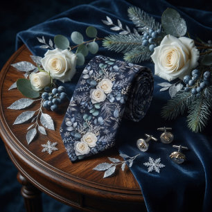 Luxus Midnightblau Winterrose Eukalyptus Floral Krawatte