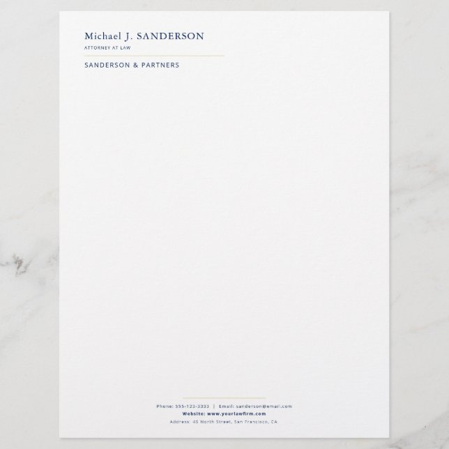 Luxus minimal elegant navy gold Anwalt Briefbogen (Vorderseite)