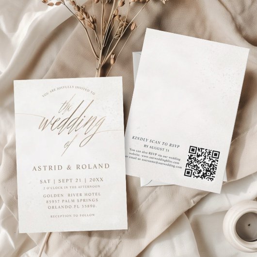 Luxus-Minimal-Gold- und Beige-QR-Code-Hochzeit Einladung