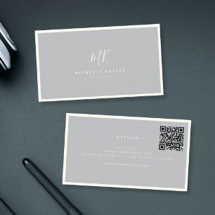 Luxus Minimal Monogram Gray Ivory Chic QR Code Visitenkarte