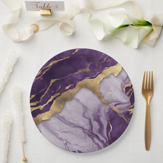 Luxus Minimalistisch Gold Lilac Lila Marble Swirl Pappteller (Hochzeit)