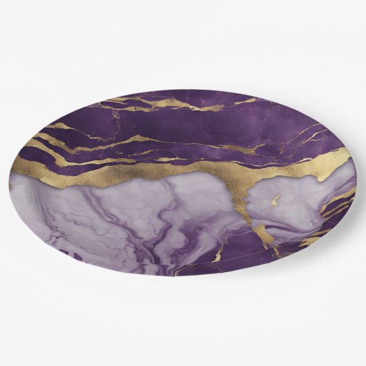 Luxus Minimalistisch Gold Lilac Lila Marble Swirl Pappteller (Schrägansicht)